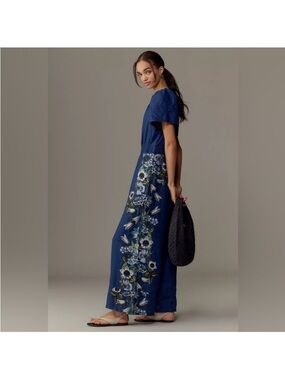 Anthropologie Navy Floral Wide-Leg Jumpsuit